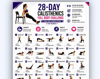 28 Day Military Calisthenics Challenge Printable Bodyweight Workout Plan Bootcamp Fitness Poster PDF, No Equipment Fitness Plan