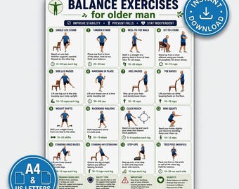 Exercícios de equilíbrio para homens idosos (para imprimir) | 16 exercícios de equilíbrio e estabilidade em pé | Treino caseiro para prevenção de quedas em idosos (PDF)