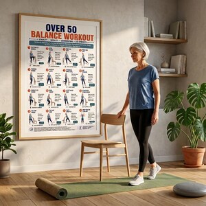 Pode incluir: Um cartaz de parede emoldurado intitulado OVER 50 BALANCE WORKOUT com ilustra&ccedil;&otilde;es numeradas de rotinas de exerc&iacute;cios. O cartaz inclui texto detalhando exerc&iacute;cios de estabilidade, mobilidade, coordena&ccedil;&atilde;o e for&ccedil;a para as pernas.