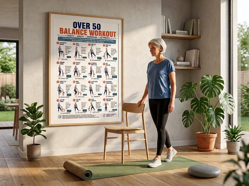 Pode incluir: Um cartaz de parede emoldurado intitulado OVER 50 BALANCE WORKOUT com ilustra&ccedil;&otilde;es numeradas de rotinas de exerc&iacute;cios. O cartaz inclui texto detalhando exerc&iacute;cios de estabilidade, mobilidade, coordena&ccedil;&atilde;o e for&ccedil;a para as pernas.