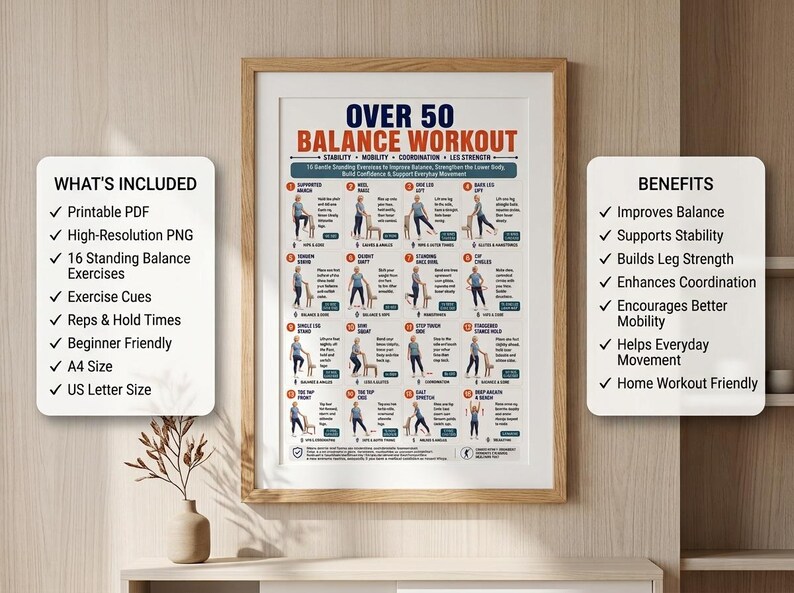 Pode incluir: Um cartaz instrutivo emoldurado intitulado OVER 50 BALANCE WORKOUT apresentando 16 ilustra&ccedil;&otilde;es numeradas de exerc&iacute;cios em p&eacute; com descri&ccedil;&otilde;es de texto, al&eacute;m de dois pain&eacute;is laterais detalhando os formatos de arquivo inclu&iacute;dos e benef&iacute;cios.