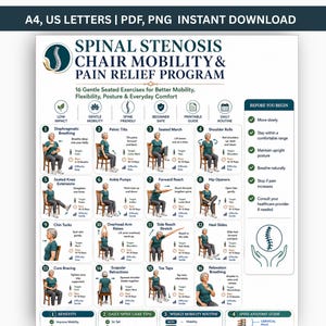 Puede incluir: Una hoja de instrucciones digital titulada Spinal Stenosis Chair Mobility & Pain Relief Program, que presenta 16 ilustraciones numeradas de ejercicios sentados, una lista de verificación y una guía de anatomía de la columna en azul y blanco.