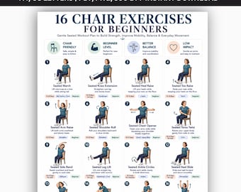 May include: A digital workout chart titled 16 Chair Exercises for Beginners, featuring sixteen numbered illustrations of a person in a blue shirt and dark pants performing seated movements on a wooden chair, with instructional text for each exercise.