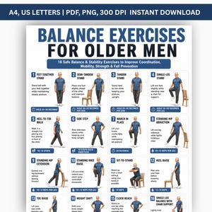 Könnte beinhalten: Ein digitales Plakat mit dem Titel Balance Exercises for Older Men, das 16 nummerierte Illustrationen einer Person bei Stabilitätsübungen zeigt. Das Dokument enthält schriftliche Anleitungen für jede Übung mit Angaben zu Dauer und Wiederholungen.