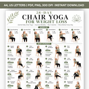 May include: A 28-day chair yoga for weight loss workout chart featuring illustrated exercises with instructions for warm-ups and main routines. The document includes text labels for movements, target muscle groups, and repetition counts in a grid layout.