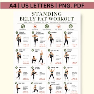 May include: A digital workout chart titled Standing Belly Fat Workout featuring sixteen numbered exercise illustrations with instructions, set counts, and repetition goals. The layout includes icons for cardio, core, and metabolism, presented in a clean grid format.