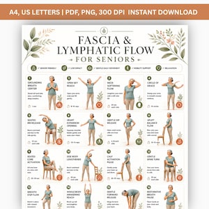 Senior Fascia & Lymphatic Drainage Yoga Flow Printable | 16 Gentle Fascia Release Exercises | Senior Wellness PDF | Healthy Aging Poster