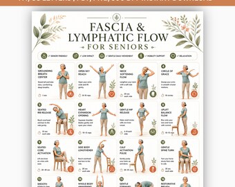 Sequência de Yoga para Drenagem Linfática e Fascial para Idosos (PDF para Imprimir) | 16 Exercícios Suaves de Liberação Miofascial | Bem-estar na Terceira Idade | Pôster de Envelhecimento Saudável