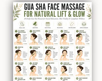 Manual imprimible de masaje facial Gua Sha, tabla de drenaje linfático facial, rutina de masaje para lifting facial y línea mandibular, guía de cuidado de la piel para mujeres en formato PDF.