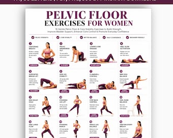 Exercícios para o assoalho pélvico para mulheres (PDF para imprimir), 16 exercícios de Kegel, controle da bexiga e recuperação pós-parto, pôster de exercícios.