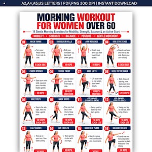 May include: A digital workout chart titled Morning Workout for Women Over 60, featuring 16 numbered exercise illustrations. Each section includes a red numbered icon, a descriptive title, a brief instructional text, and a red box indicating repetitions.