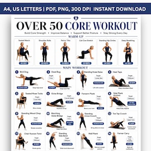 Könnte beinhalten: Ein Trainingsplan mit dem Titel OVER 50 CORE WORKOUT, der Übungsillustrationen mit Anleitungen zeigt. Das Layout enthält einen Aufwärmbereich und sechzehn nummerierte Hauptübungen mit Wiederholungszahlen in einem klaren blau-weißen Design.