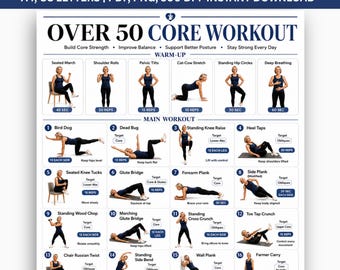 Puede incluir: Una tabla de ejercicios titulada OVER 50 CORE WORKOUT con ilustraciones de ejercicios e instrucciones. El diseño incluye una sección de calentamiento y dieciséis ejercicios principales numerados con repeticiones, en un formato azul y blanco.