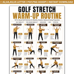 May include: A digital poster titled GOLF STRETCH WARM-UP ROUTINE featuring 16 numbered illustrations of a person in a tan polo shirt and black trousers demonstrating golf stretches for mobility, rotation, balance, and swing preparation.