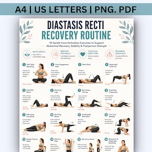 Pode incluir: Um guia de instruções para a rotina de recuperação de diástase abdominal com 16 exercícios de ativação do core. O documento inclui texto, passos numerados e ilustrações de uma pessoa realizando movimentos de condicionamento físico.