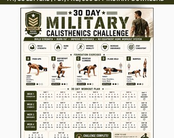 30 Day Military Calisthenics Challenge, Bodyweight Workout Plan for Men, Full Body Bootcamp Exercises, No Equipment, Military Fitness PDF