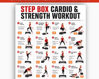Step Box Workout druckbares Poster, Aerobic Step Cardio-Übungstabelle, Ganzkörper-Fitnessstudio Kraft & Konditionstraining PDF-Handbuch