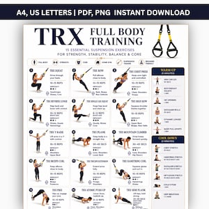 Op de afbeelding: Een TRX full-body trainingsposter met 15 genummerde suspension-oefeningen, voorzien van illustraties, tekstinstructies, herhalingen en moeilijkheidsgraden. Het ontwerp bevat secties voor een warming-up en een cooling-down.