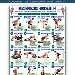 Hamstring Exercises Printable, Posterior Chain Workout, Dumbbell Hamstring & Romanian Deadlift Exercises, Leg Flexibility Mobility Chart PDF