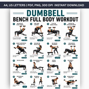 Op de afbeelding: Een wit informatieposter getiteld DUMBBELL BENCH FULL BODY WORKOUT met zestien genummerde illustraties van oefeningen met dumbbells en een bank. Elke sectie bevat tekstinstructies, aantallen sets en herhalingen, en anatomische iconen.