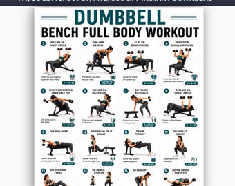 Dumbbell Bench Full Body Workout Printable PDF, 16 Bench Dumbbell Exercises, Home Gym Strength Training Poster, Fitness Chart