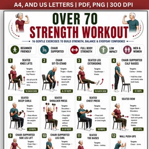 Puede incluir: Una guía de entrenamiento digital titulada OVER 70 STRENGTH WORKOUT que presenta 16 ejercicios ilustrados para personas mayores. El gráfico incluye instrucciones para elevaciones de rodilla sentado, sentadillas en silla y varios ejercicios.