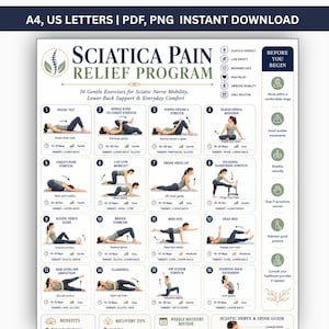 Sciatica Pain Relief Exercises Printable PDF, Lower Back Stretch Routine, Sciatic Nerve Glide, Hip & Piriformis Stretches Guide