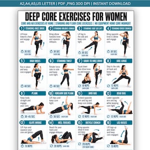 May include: A digital exercise chart titled Deep Core Exercises for Women featuring sixteen numbered instructional panels. Each panel displays a person in athletic wear demonstrating a specific movement with text instructions and time or repetition counts.