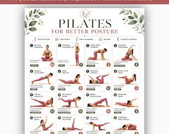 Pilates para Mulheres - Imprimível | 16 Exercícios de Pilates no Colchonete para o Corpo Todo | Tabela de Treino de Baixo Impacto para Iniciantes em PDF | Pôster para Decoração de Parede e Exercícios em Casa