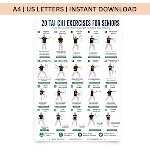 以下が含まれることがあります： 「20 TAI CHI EXERCISES FOR SENIORS」と題されたデジタルポスター。黒いシャツとグレーのパンツを着用した人物が、各エクササイズの動き、説明文、回数とともに20の番号付きイラストで示されています。