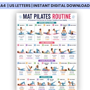 May include: A digital poster titled Mat Pilates Routine featuring 28 equipment-free exercises organized into four categories: Upper Body & Posture, Core Foundation, Classic Pilates Abs, and Glutes & Legs, with illustrations and repetition counts.
