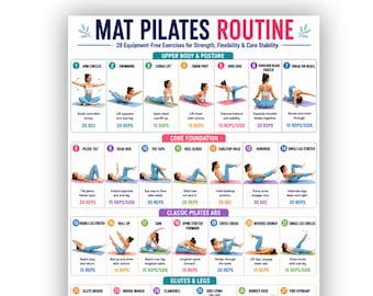 Mat Pilates Workout Chart druckbar, 16 Ganzkörper-Pilates-Übungen für Anfänger, keine Ausrüstung Heimtraining, druckbares Fitness-Poster PDF