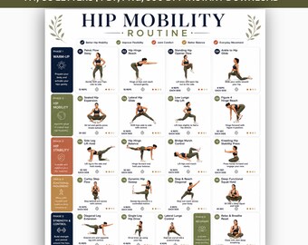 Hüftbeweglichkeitsübungen druckbare PDF-Datei, Hüftbeuger-Stretch-Routine, enge Hüften-Training, Hüftöffnungs- und Flexibilitätsübungstabelle
