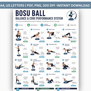 BOSU Ball Übungen Poster PDF, Ganzkörper BOSU Ball Workout Chart Balance Trainer Übungen Core Kraft Stabilitätstraining Home Gym Guide