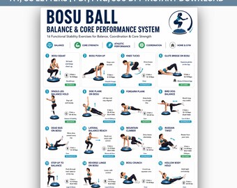 BOSU Ball Exercises Poster PDF, Full Body BOSU Ball Workout Chart Balance Trainer Exercises Core Strength Stability Training Home Gym Guide