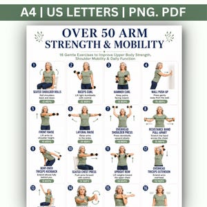 May include: A digital exercise chart titled Over 50 Arm Strength & Mobility featuring 16 numbered illustrations of a person demonstrating upper body movements with dumbbells and resistance bands, including text instructions and repetition counts for each.