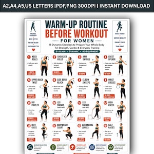 May include: A digital poster titled WARM-UP ROUTINE BEFORE WORKOUT FOR WOMEN, featuring 16 numbered exercise illustrations with instructions. The layout includes text, icons, and figures demonstrating movements like neck rolls, squats, and lunges.