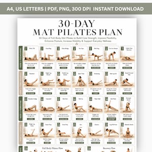 Printbaar trainingsschema voor 30 dagen matpilates, pilatesoefeningen voor het hele lichaam voor beginners, thuisworkoutposter zonder apparatuur (PDF, A4-formaat, US Letter).