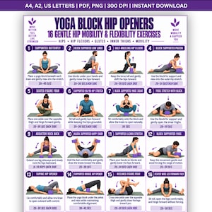 May include: A digital instructional poster titled Yoga Block Hip Openers featuring 16 numbered illustrations of yoga poses using blocks. The purple and white chart includes text for 16 gentle hip mobility and flexibility exercises with instructions.