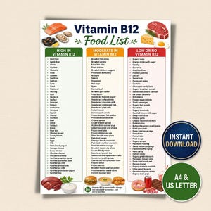 May include: A Vitamin B12 Food List chart categorized into high, moderate, and low or no B12 content columns. The document features illustrations of salmon, oysters, mussels, steak, cheese, and an egg, with text detailing food items and A4 & US Letter labels.
