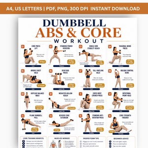 May include: A workout chart titled DUMBBELL ABS & CORE WORKOUT featuring sixteen numbered exercise illustrations with instructions. The document includes sections for core training benefits, muscles worked, proper form tips, and beginner advice.