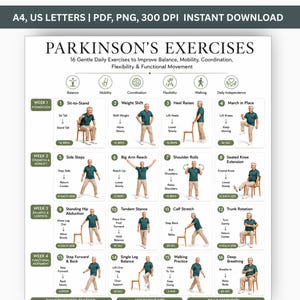 Könnte beinhalten: Ein Übungsplan mit dem Titel Parkinson's Exercises, der 16 nummerierte Illustrationen einer Person bei Bewegungen wie Aufstehen, Fersenheben und Rumpfrotation zeigt. Das Dokument enthält Angaben zu den Formaten A4 und US Letter.