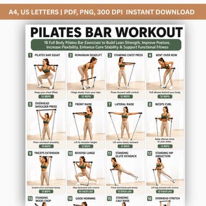 Könnte beinhalten: Ein Pilates-Stangen-Trainingsplan mit 16 nummerierten Übungsdarstellungen. Jedes Feld zeigt eine Person in Sportkleidung bei der Verwendung einer Widerstandsstange, ergänzt durch Textbeschriftungen für Bewegungen wie Kniebeugen und Drückübungen.