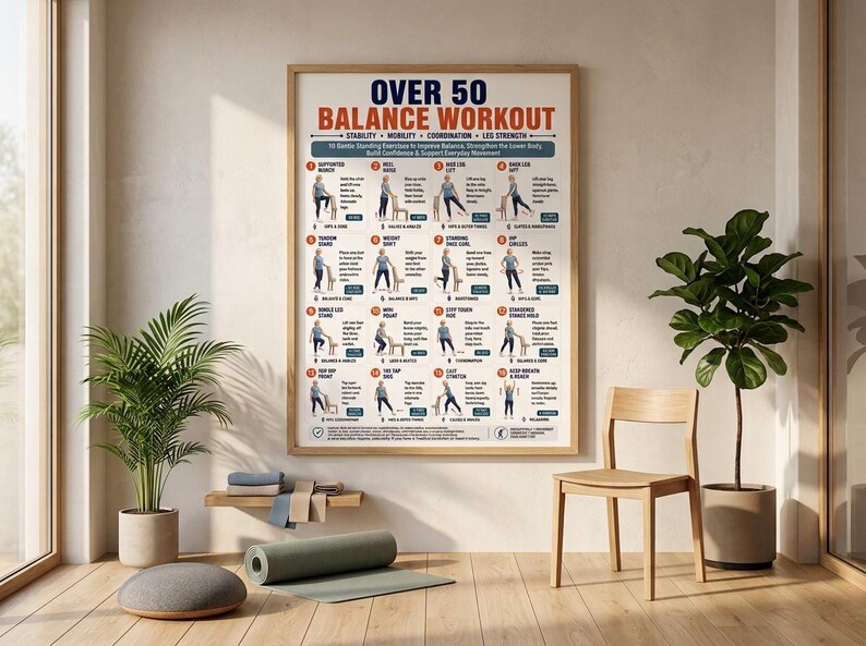 Pode incluir: Um cartaz de parede emoldurado intitulado OVER 50 BALANCE WORKOUT com dezasseis ilustra&ccedil;&otilde;es numeradas de exerc&iacute;cios com texto descritivo. O gr&aacute;fico inclui sec&ccedil;&otilde;es para estabilidade, mobilidade, coordena&ccedil;&atilde;o e for&ccedil;a das pernas num fundo branco.