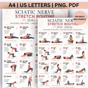 Peut inclure: Une affiche numérique intitulée Sciatic Nerve Stretch Routine for Better Mobility, présentant seize illustrations numérotées de personnes effectuant divers étirements, accompagnées de textes explicatifs et d'instructions en anglais.