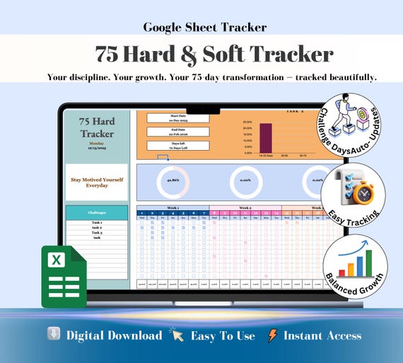 75 Hard Tracker | Goal Tracker | Workout Planner | Google Sheets (Digital Download)