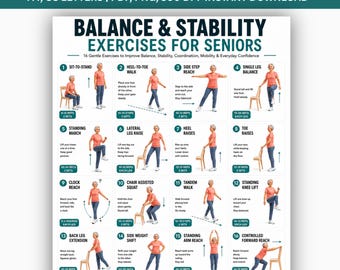Gleichgewichts- und Stabilitätsübungen für Senioren zum Ausdrucken, sanftes Steh- und Stuhltrainingsdiagramm, Sturzprävention, Fitness PDF Poster
