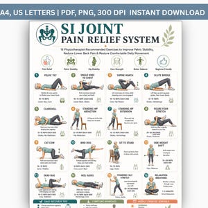 May include: A digital chart titled SI Joint Pain Relief System featuring 16 numbered illustrations of exercises with instructions. The document includes icons for pain relief, pelvic stability, and core strength, formatted for A4 and US Letter sizes.