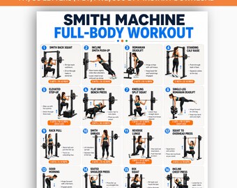 Smith Machine Ganzkörpertraining druckbares Poster, Fitnessstudio Übungstabelle, Krafttrainingsübungen, Home Gym Fitness Room Decor PDF Poster