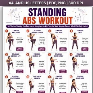 May include: A digital workout chart titled STANDING ABS WORKOUT featuring 12 numbered illustrations of a person in a dark purple sports bra and leggings performing core exercises with text instructions and repetition counts for each movement.